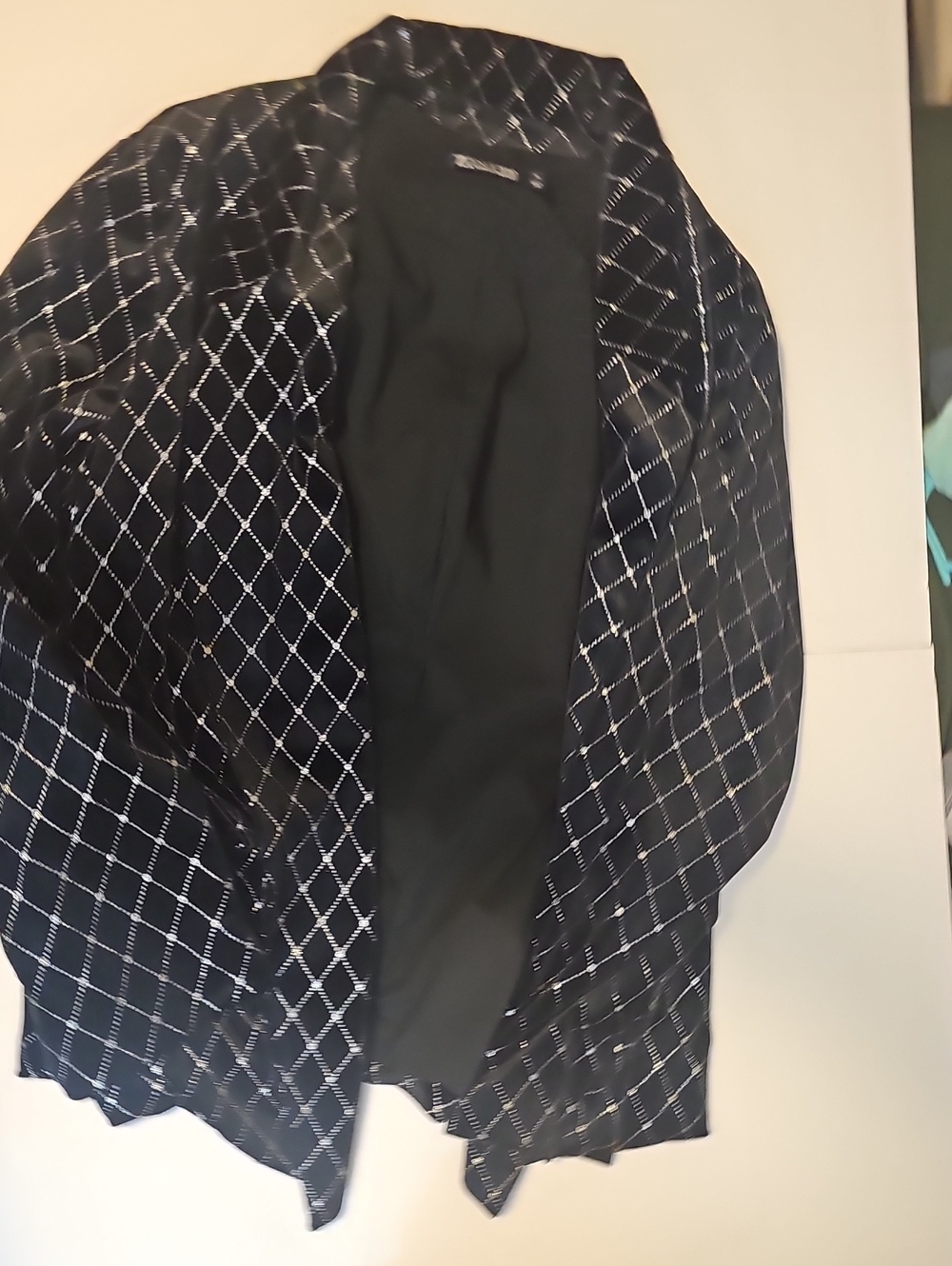 Black Patterned Open Front Jacket with White Geometric Stitching